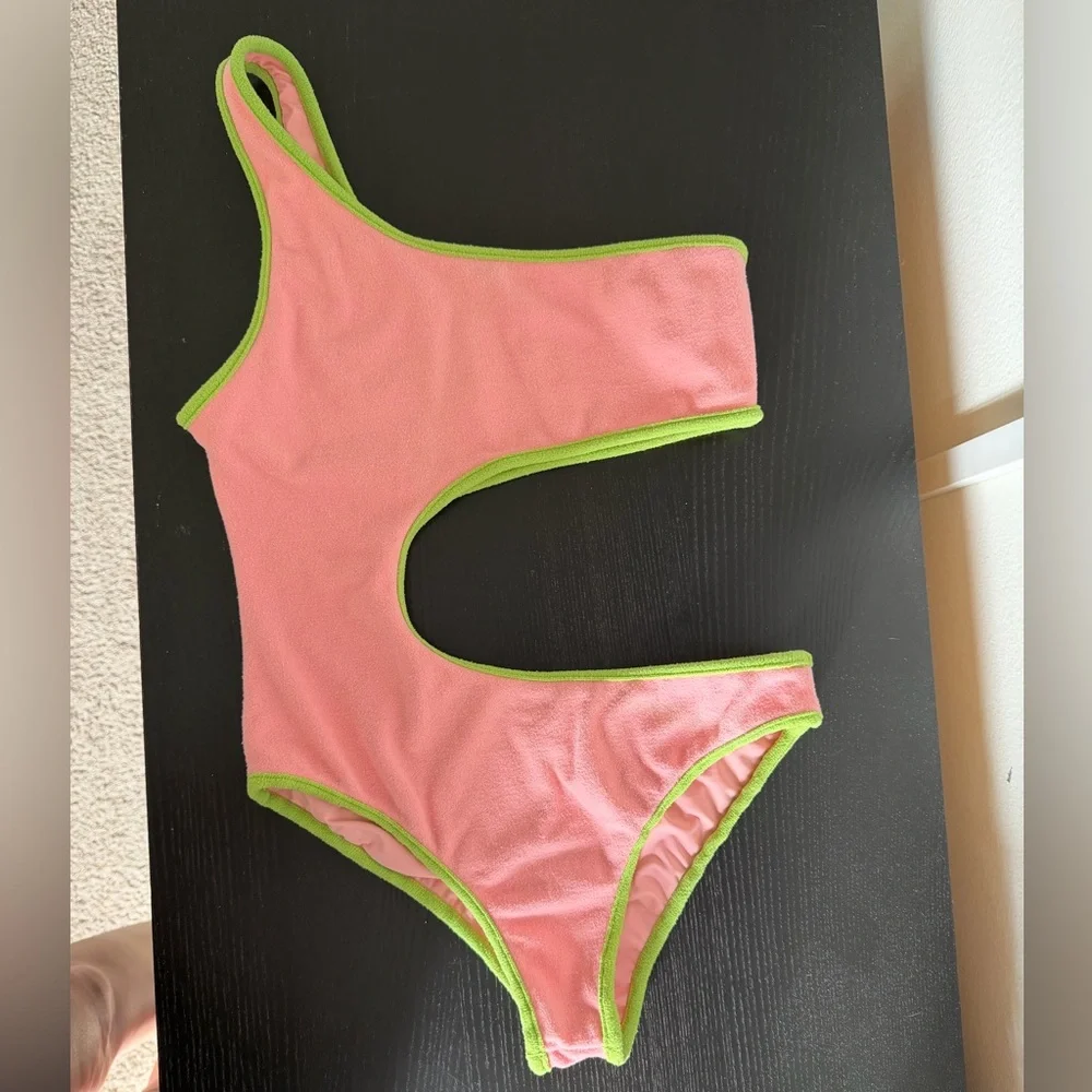 Frankie’s Bikinis Cutout Pink/Green Cash Terry One Piece Swimsuit size Medium